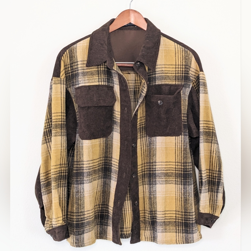 Kojooin Yellow / Brown Plaid Flannel Corduroy Accent Button Up Shirt S